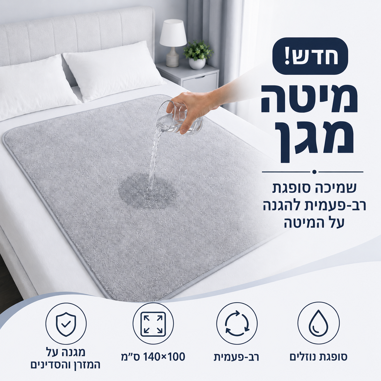 מגן מיטה | שמיכה סופגת רב-פעמית להגנה על המיטה